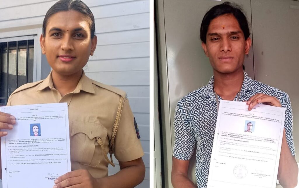 Transwomen holding up their transgender certificate